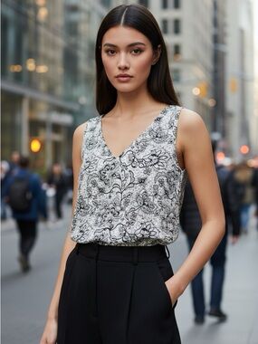 Express Monochrome Floral V-Neck Front and Back Blouse NWT